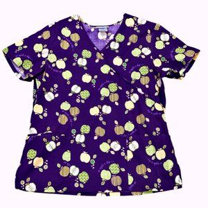 SB Scrubs Women's Top Size Medium Purple with Green Apples a Day V Neck Pockets